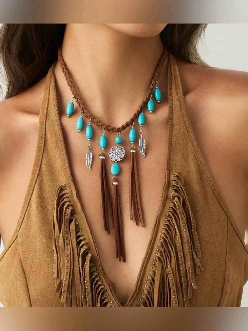 Boho Turquoise Bead and Brown Suede Fringe Necklace A1721